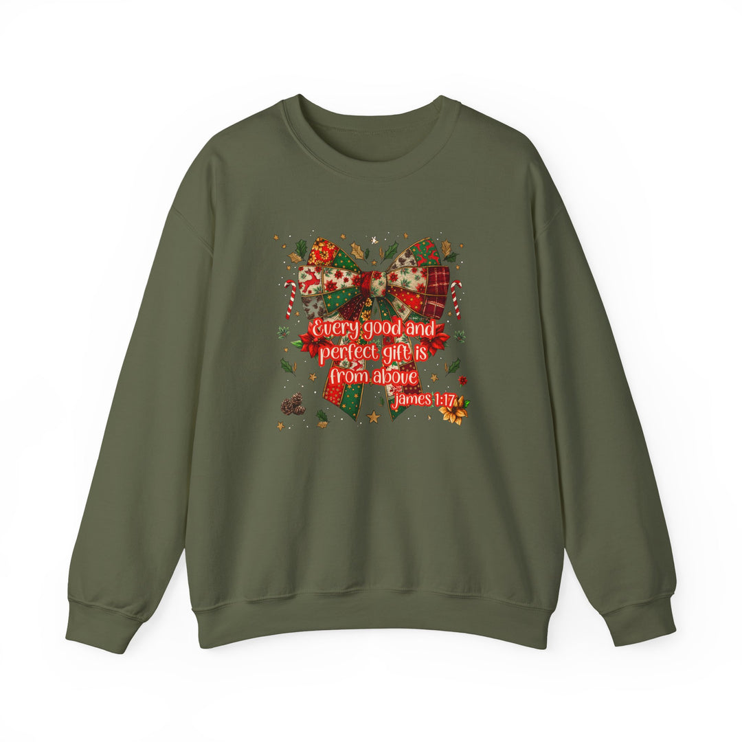 Olive-green sweatshirt with festive bow and holly design, featuring Every good and perfect gift is from above quote. Ideal for cozy, ethical holiday wear.