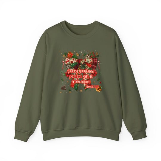 Olive-green sweatshirt with festive bow and holly design, featuring Every good and perfect gift is from above quote. Ideal for cozy, ethical holiday wear.