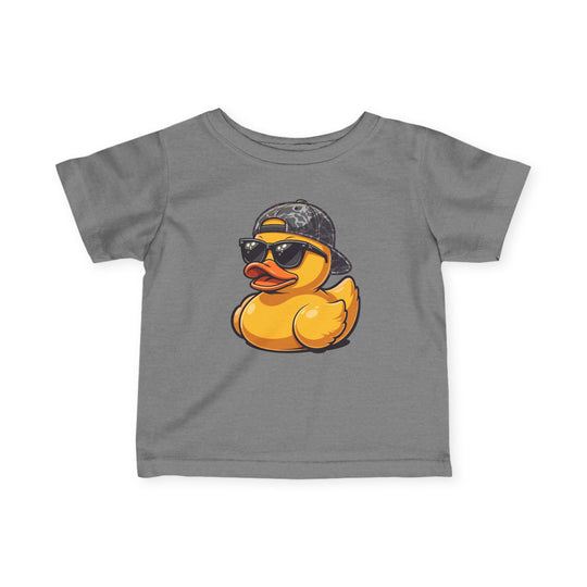 Ducky Baby Tee: Gray toddler T-shirt featuring a yellow rubber duck with sunglasses and a camo cap, embodying playful style and durability for young children.