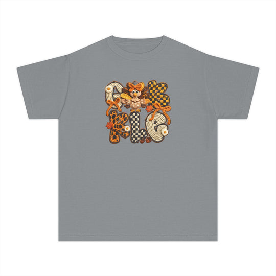 Gobble Kids Tee featuring colorful GOBBLE applique with a turkey, leaves, and pumpkin accents, designed for comfort and agility in kids' active schedules.