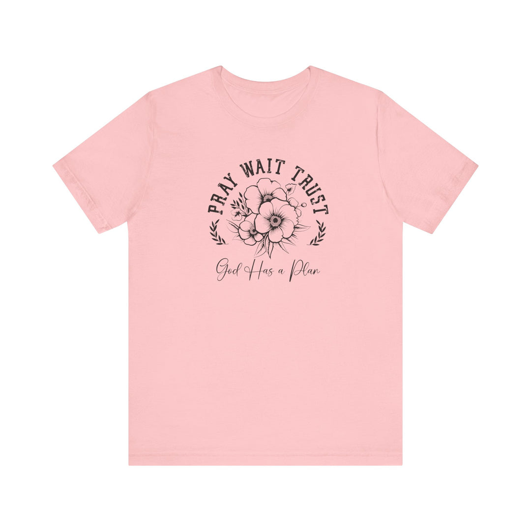 Pray Wait Trust Tee featuring a floral graphic design, short sleeves, and ribbed knit collar, crafted from soft cotton for a retail fit.