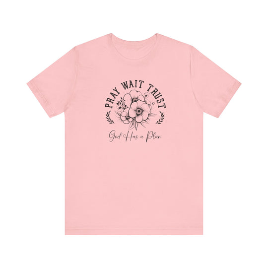 Pray Wait Trust Tee featuring a floral graphic design, short sleeves, and ribbed knit collar, crafted from soft cotton for a retail fit.