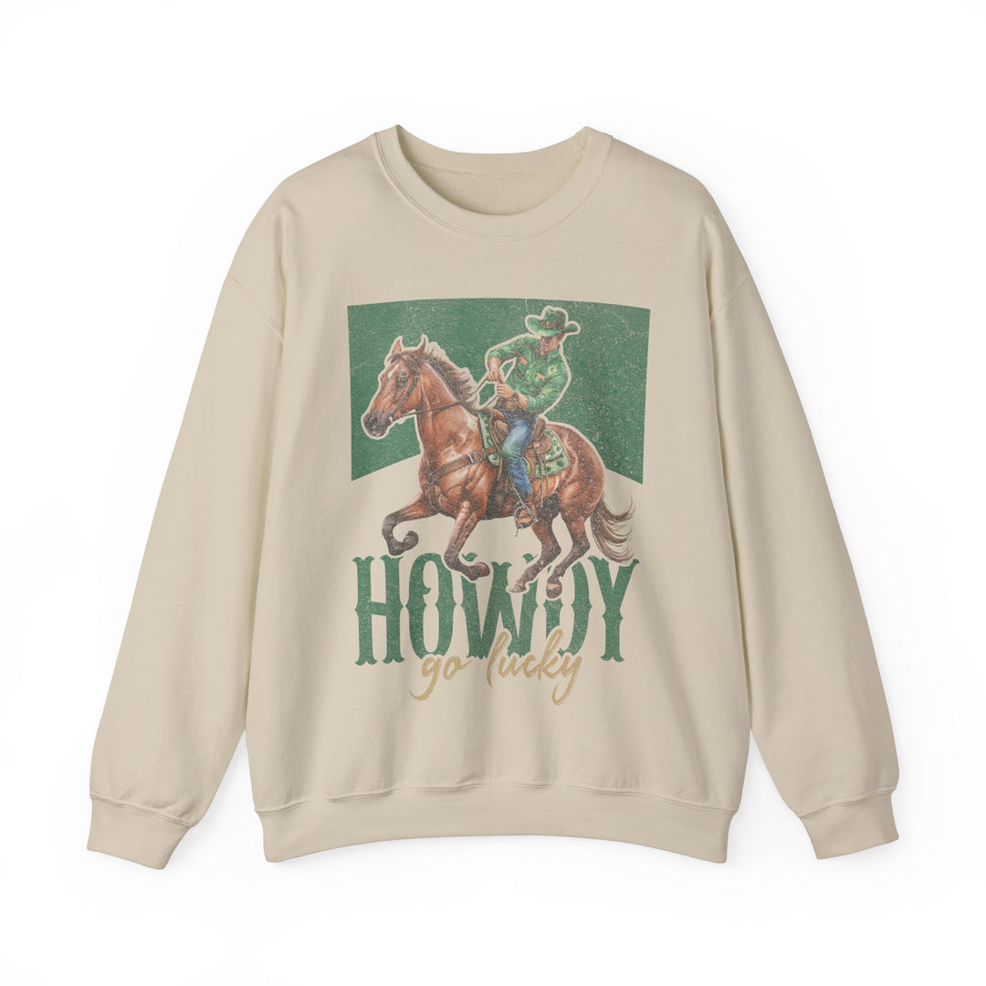 Howdy Go Lucky Crew sweatshirt featuring a graphic of a cowboy riding a horse, offering comfort with a polyester-cotton blend and ribbed knit collar.