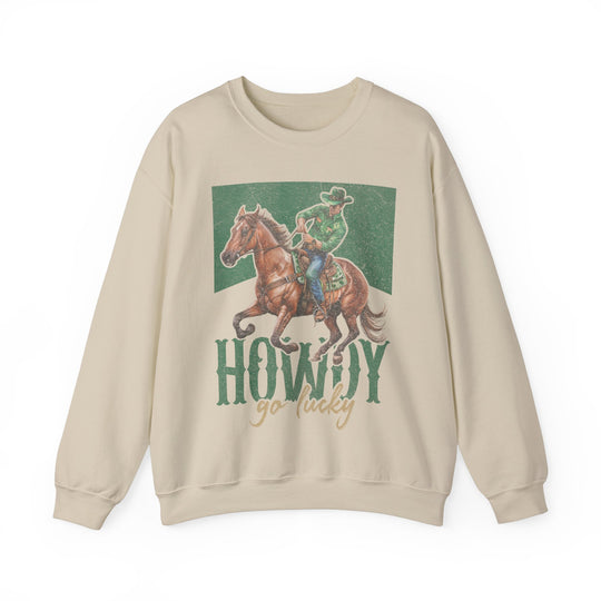 Howdy Go Lucky Crew sweatshirt featuring a graphic of a cowboy riding a horse, offering comfort with a polyester-cotton blend and ribbed knit collar.