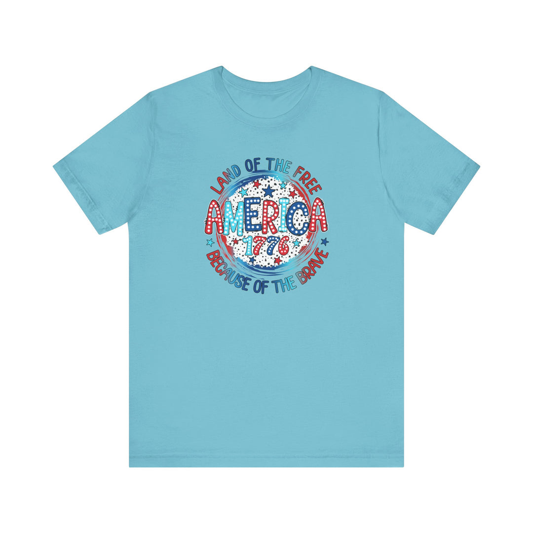 A classic unisex jersey tee featuring America 1776 design. 100% Airlume combed cotton, ribbed knit collar, tear-away label. Retail fit, light fabric, true to size. Ideal for a well-loved favorite.
