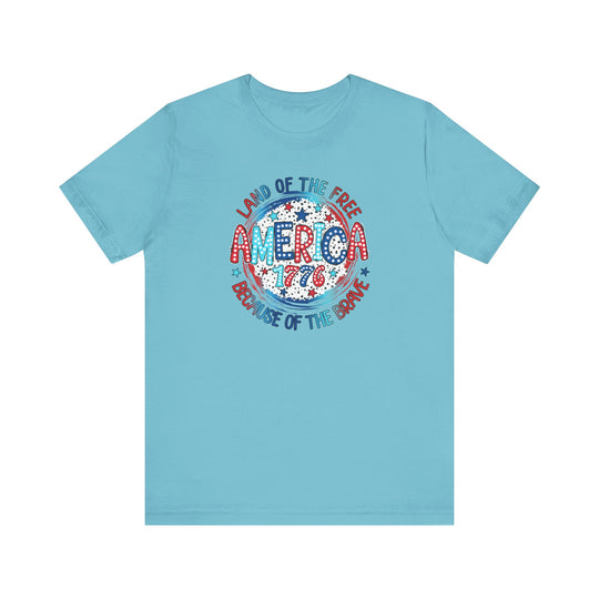 A classic unisex jersey tee featuring America 1776 design. 100% Airlume combed cotton, ribbed knit collar, tear-away label. Retail fit, light fabric, true to size. Ideal for a well-loved favorite.