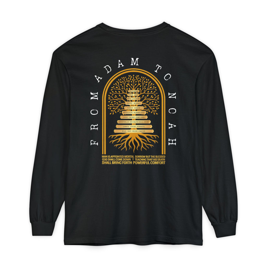 Noah to Adam Long Sleeve T-Shirt featuring a gold Tree of Life graphic with genealogy from Adam to Noah, highlighting Hebrew meanings and a profound message.