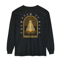Noah to Adam Long Sleeve T-Shirt featuring a gold Tree of Life graphic with genealogy from Adam to Noah, highlighting Hebrew meanings and a profound message.