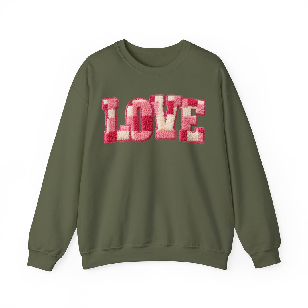 Love Crew sweatshirt with “LOVE” in fluffy pink and off-white chenille letters, olive-green, relaxed fit, ribbed cuffs and hem.