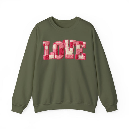 Love Crew sweatshirt with “LOVE” in fluffy pink and off-white chenille letters, olive-green, relaxed fit, ribbed cuffs and hem.