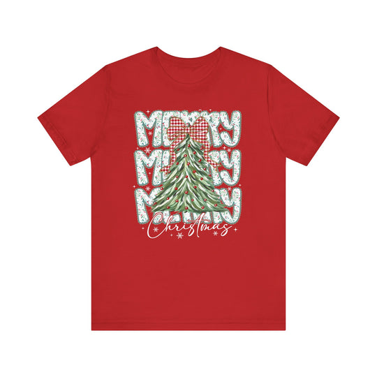 Merry Merry Merry Christmas Tee featuring a decorated evergreen tree with red baubles and gingham bow, surrounded by festive text, designed for holiday cheer.