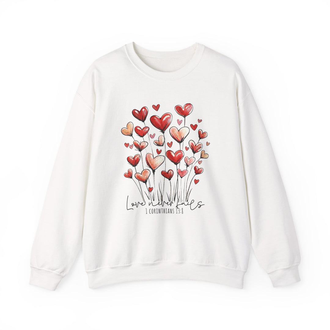 Love Never Fails Crew sweatshirt featuring red-and-pink heart designs with Love never fails text, offering a comfortable, loose fit with durable polyester-cotton blend.