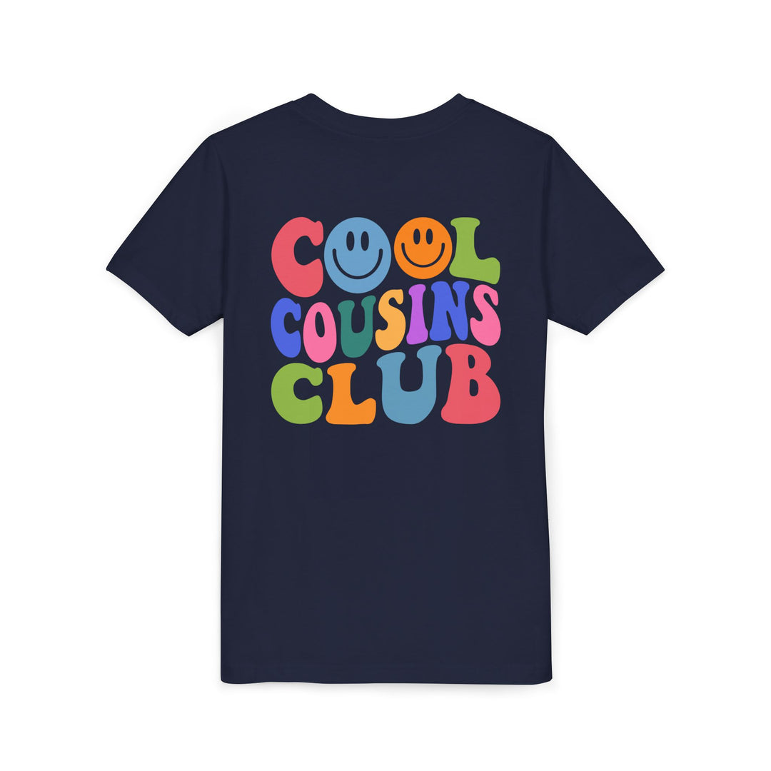 Youth wearing a Cool Cousins Club Youth Tee, showcasing a lightweight, comfy fit with side seams to maintain shape, ideal for custom artwork display.