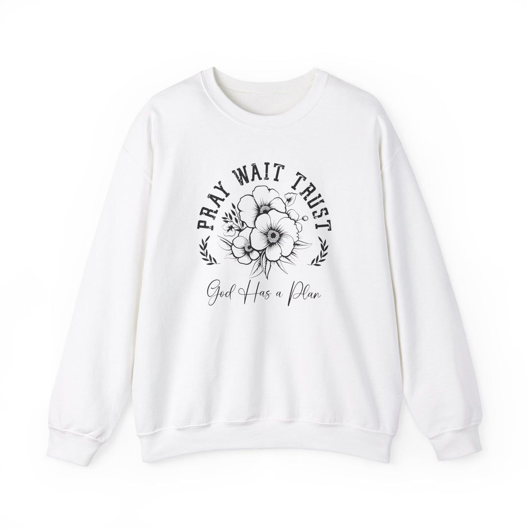 Pray Wait Trust Crew: White sweatshirt featuring a black floral design, unisex with ribbed collar, made of polyester and cotton for comfort and style.