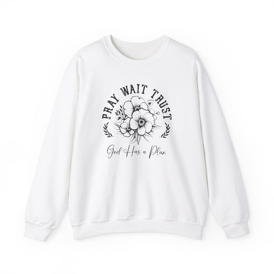 Pray Wait Trust Crew: White sweatshirt featuring a black floral design, unisex with ribbed collar, made of polyester and cotton for comfort and style.