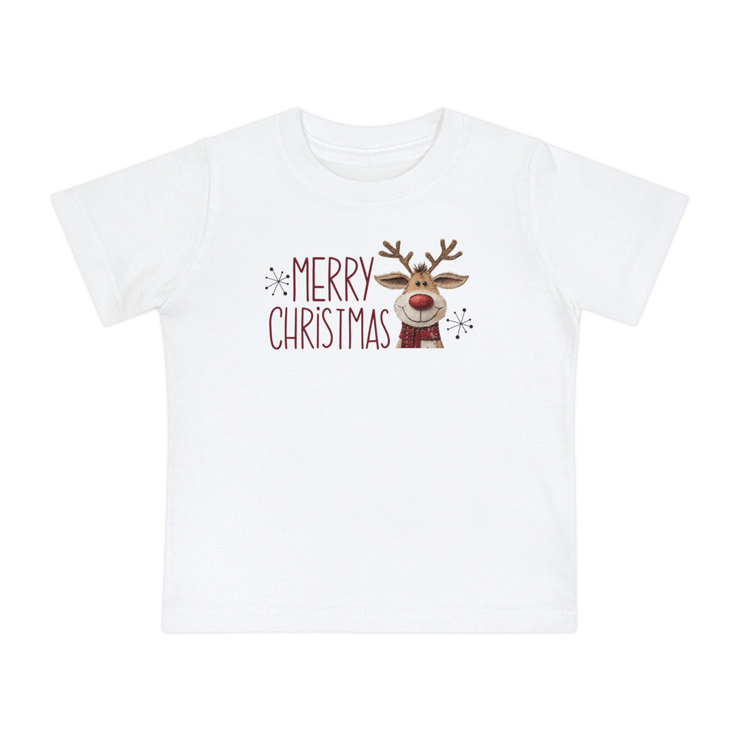 Merry Christmas Reindeer Baby Tee featuring festive red lettering and a cartoon reindeer with snowflake accents, designed for comfort and durability in baby sizes.