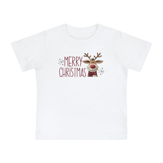 Merry Christmas Reindeer Baby Tee featuring festive red lettering and a cartoon reindeer with snowflake accents, designed for comfort and durability in baby sizes.