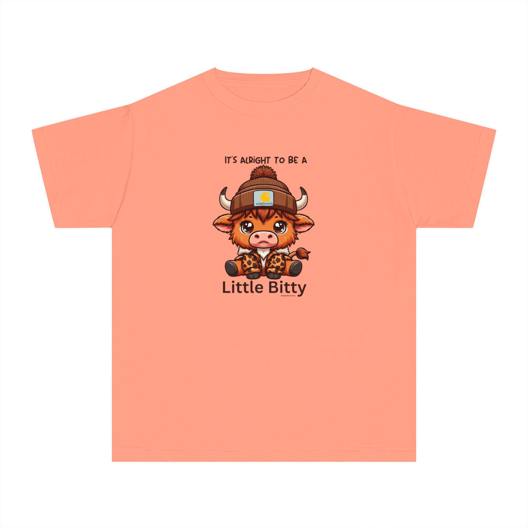 Little Bitty Kids Tee: A playful t-shirt featuring a cartoon cow in a hat, perfect for active kids. Made of soft combed cotton for comfort and agility. Classic fit for all-day wear.