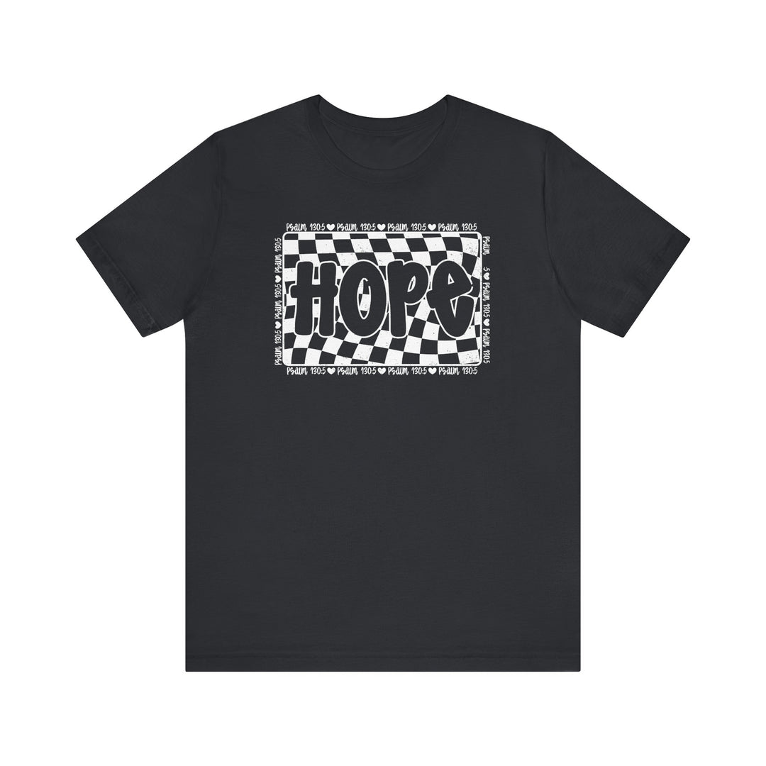 Hope Tee: Black t-shirt with a white and black checkered design, featuring a classic unisex fit, crafted from soft cotton for comfort and durability.