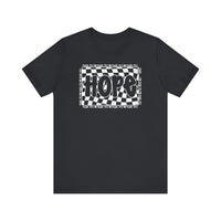 Hope Tee: Black t-shirt with a white and black checkered design, featuring a classic unisex fit, crafted from soft cotton for comfort and durability.