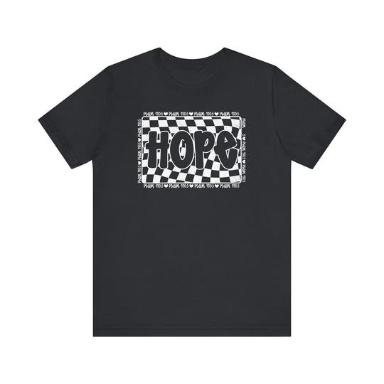 Hope Tee: Black t-shirt with a white and black checkered design, featuring a classic unisex fit, crafted from soft cotton for comfort and durability.