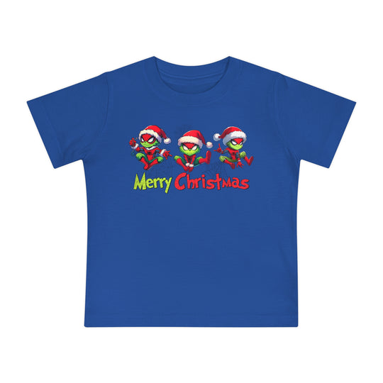 Spider Baby Tee: Royal-blue children's T-shirt featuring three green cartoon characters in Spider-Man poses with Santa hats, and Merry Christmas text in festive colors.
