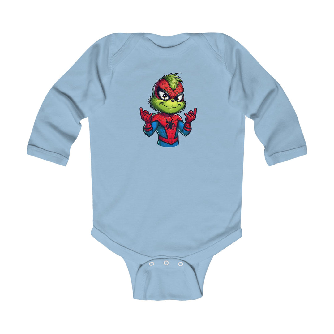 Christmas Spider Onesie: Light-blue baby bodysuit featuring the Grinch in a Spider-Man costume, designed for comfort with 100% cotton and easy-change snaps.