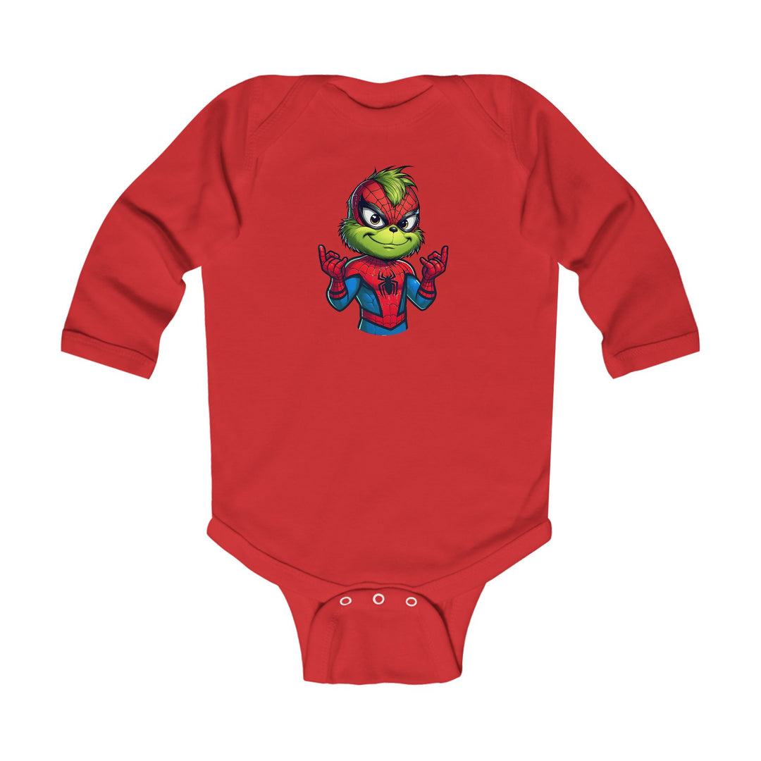Christmas Spider Onesie: Red baby bodysuit featuring the Grinch in a Spider-Man costume, web-shooting pose. Soft cotton, ribbed knitting, plastic snaps for easy changing.