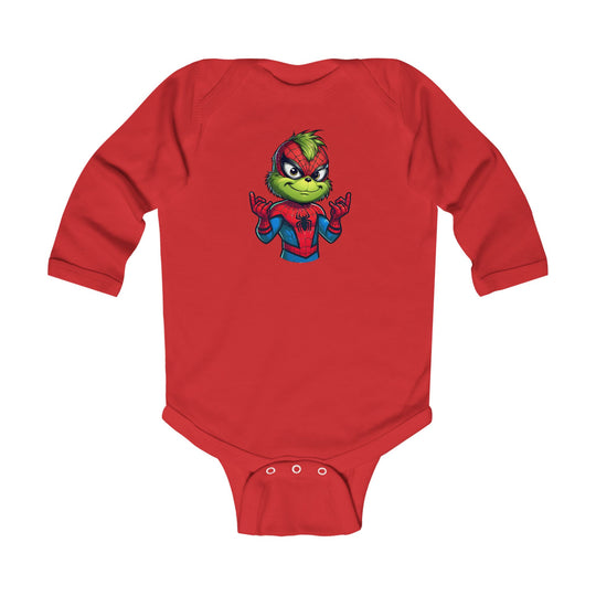 Christmas Spider Onesie: Red baby bodysuit featuring the Grinch in a Spider-Man costume, web-shooting pose. Soft cotton, ribbed knitting, plastic snaps for easy changing.