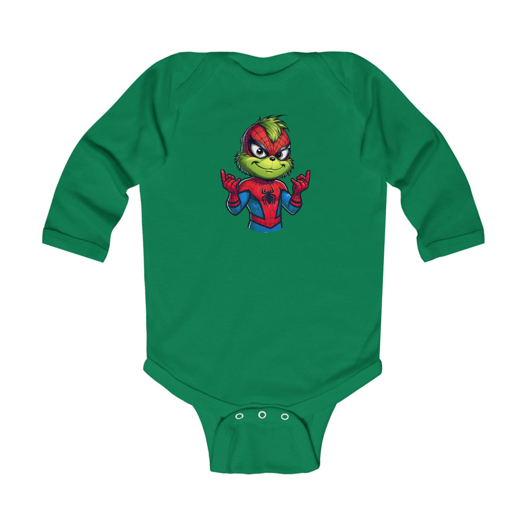 Christmas Spider Onesie: Green infant bodysuit featuring Grinch in Spider-Man suit, long sleeves, snap closures, soft cotton for comfort.