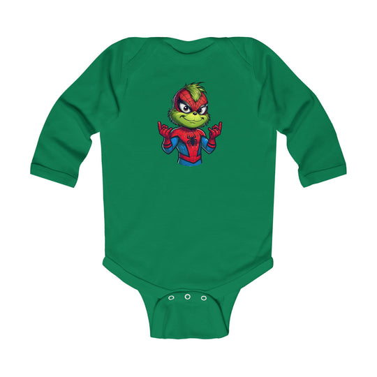 Christmas Spider Onesie: Green infant bodysuit featuring Grinch in Spider-Man suit, long sleeves, snap closures, soft cotton for comfort.