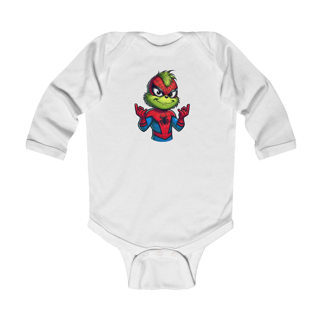 Christmas Spider Onesie: White infant bodysuit featuring a Grinch-Spider-Man mash-up design, long sleeves, and snap closures for convenience. Made from soft, durable cotton fabric.