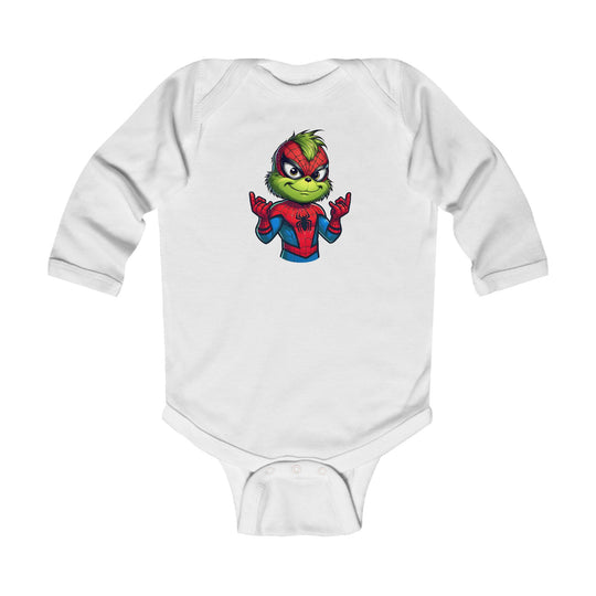 Christmas Spider Onesie: White infant bodysuit featuring a Grinch-Spider-Man mash-up design, long sleeves, and snap closures for convenience. Made from soft, durable cotton fabric.