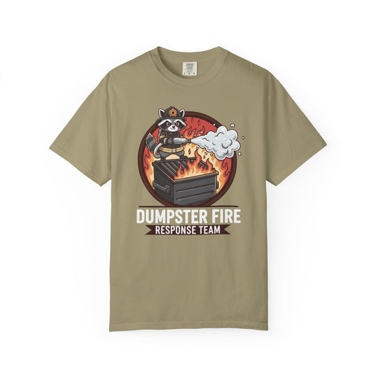 Cartoon raccoon firefighter on a flaming dumpster with Dumpster Fire Response Team caption, featured on a durable, relaxed-fit t-shirt made of soft 100% ring-spun cotton.