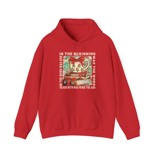 In the Beginning Hoodie: Red pullover with a Christmas graphic featuring a festive mug, gingerbread figures, books, and John 1:1 text. Cozy and stylish design.