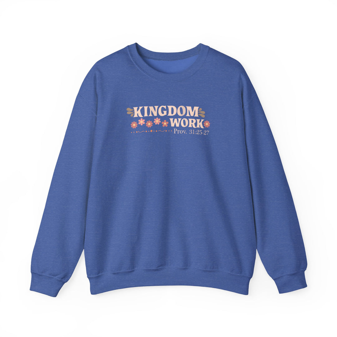 Motherhood Kingdom Work Crew sweatshirt features a “KINGDOM WORK” retro-style print and flower graphics, offering a comfortable, loose fit with a polyester-cotton blend.