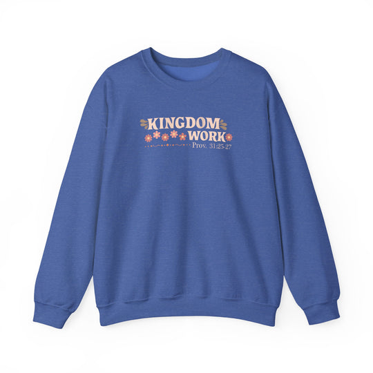 Motherhood Kingdom Work Crew sweatshirt features a “KINGDOM WORK” retro-style print and flower graphics, offering a comfortable, loose fit with a polyester-cotton blend.