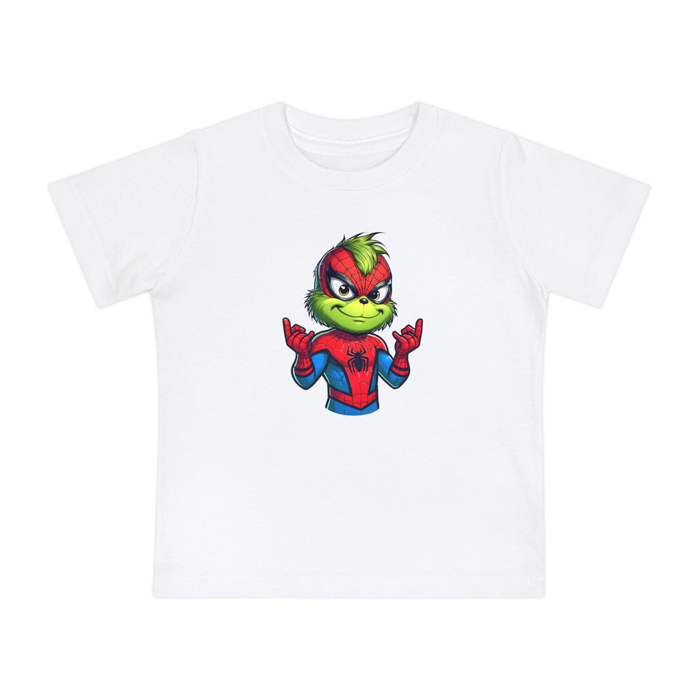 Spider Baby Tee featuring the Grinch in a Spider-Man costume, perfect for stylish first steps. Made of soft, durable, pre-shrunk 100% airlume cotton.