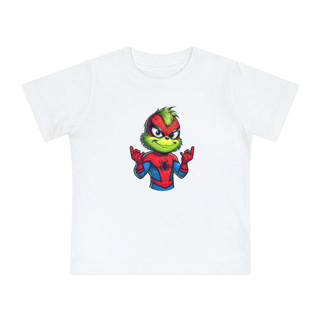 Spider Baby Tee featuring the Grinch in a Spider-Man costume, perfect for stylish first steps. Made of soft, durable, pre-shrunk 100% airlume cotton.
