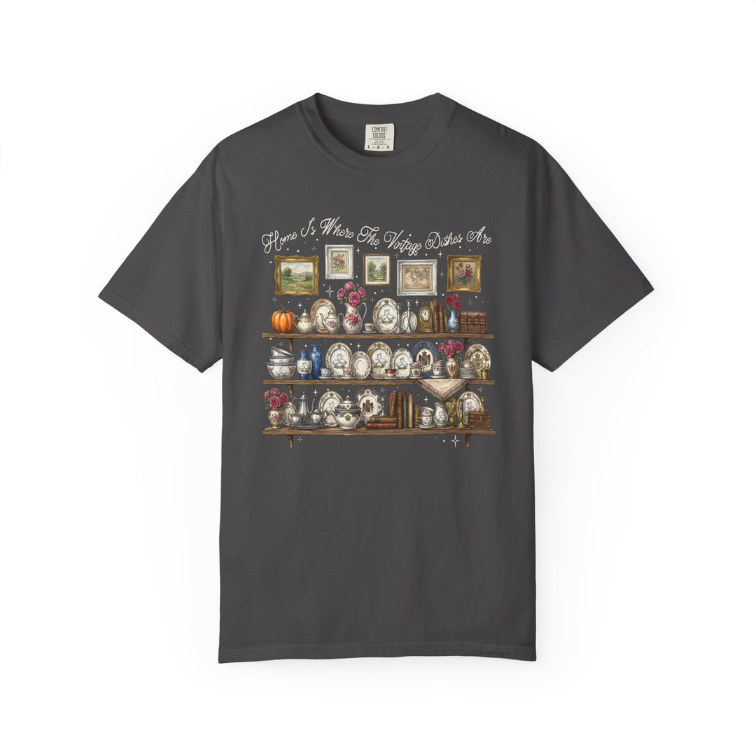 Charcoal-gray Vintage Dishes Tee featuring vintage china shelves and floral accents, with cursive Home Is Where The Vintage Dishes Are. Comfortable, 100% ring-spun cotton.