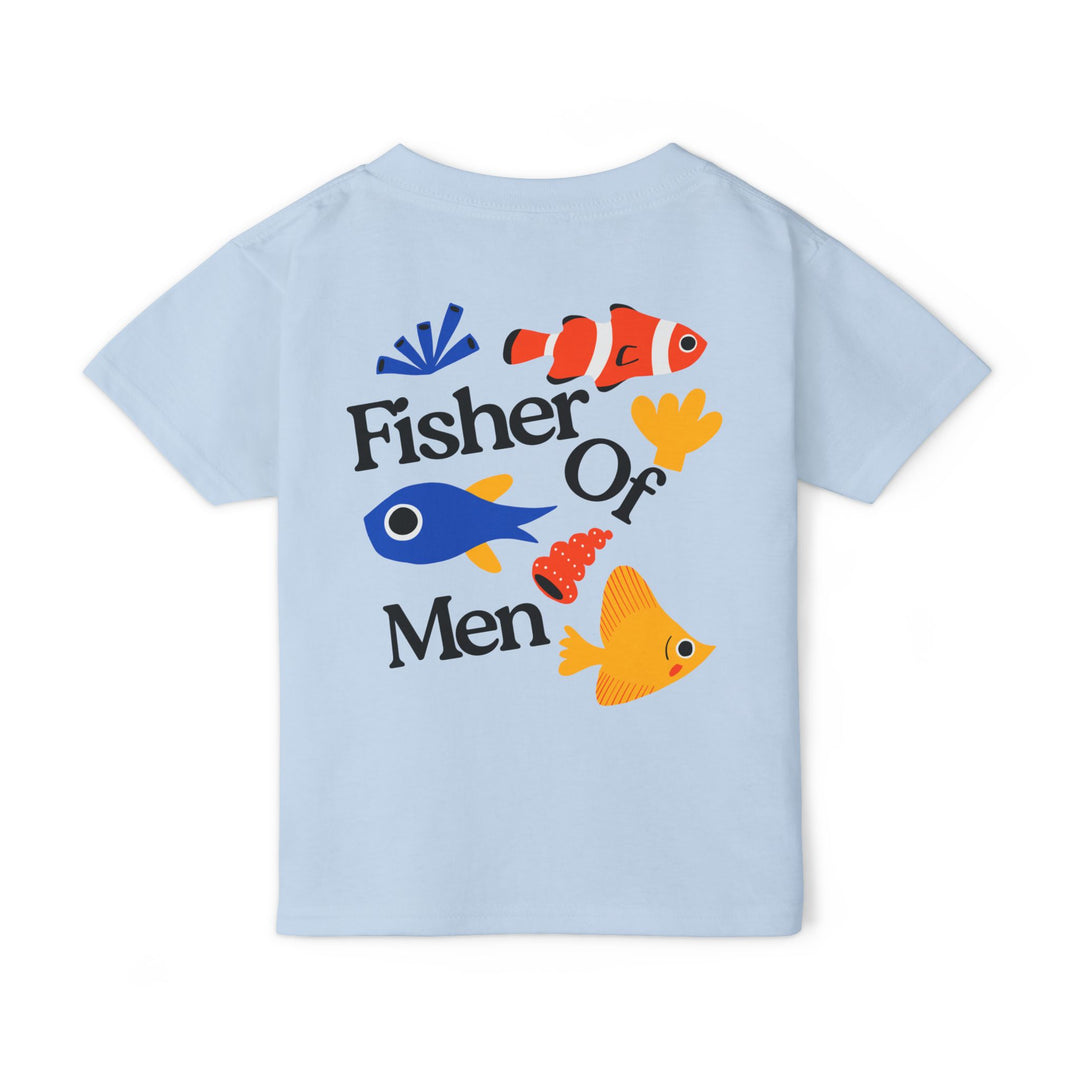 Fisher of Men Toddler Tee features cartoon fish graphic and Fisher Of Men text, offering 100% cotton comfort with playful design for kids.