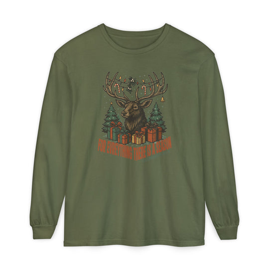 For Everything There is a Season Christmas Long Sleeve Tee featuring a stag with festive antlers, fir trees, and gifts, made of soft, 100% ring-spun cotton.