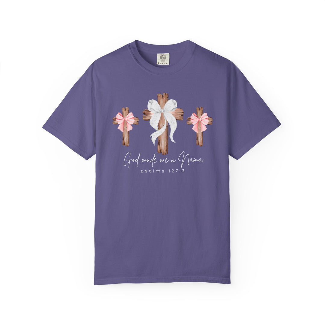 Purple-lavender unisex t-shirt with three rustic wooden crosses, white and pink bows, and God Made Me a Nana text, by Faith Family Designs.
