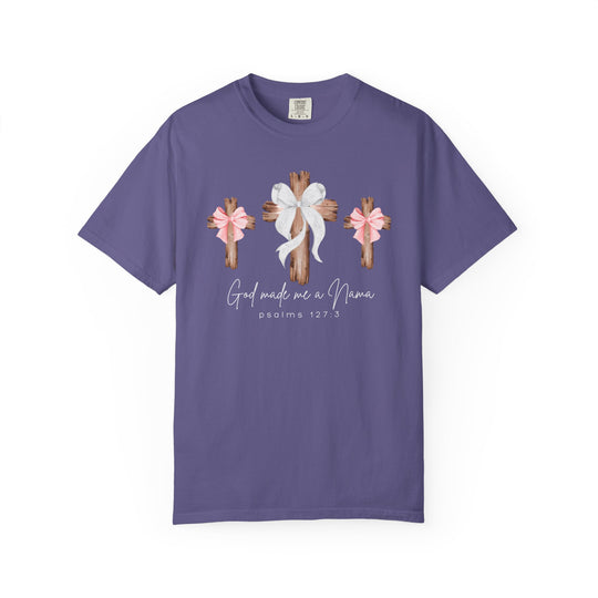 Purple-lavender unisex t-shirt with three rustic wooden crosses, white and pink bows, and God Made Me a Nana text, by Faith Family Designs.