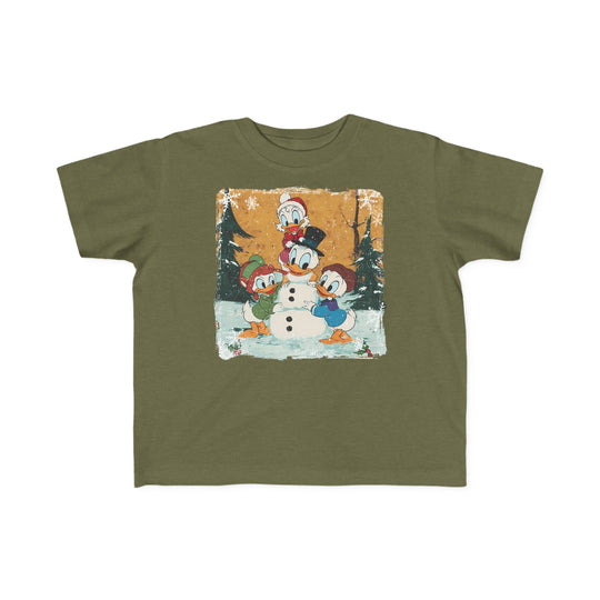 Duck Snowmen Toddler Tee featuring Disney's Scrooge McDuck and nephews building a snowman in a snowy forest, perfect for toddlers' sensitive skin.