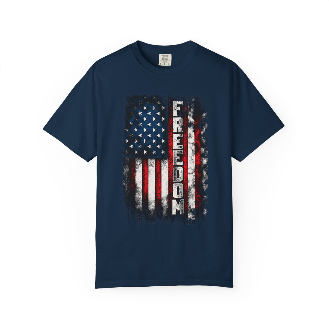 Freedom Tee: Navy crew-neck T-shirt with a distressed vertical American flag graphic and FREEDOM text, featuring a relaxed fit and durable, soft-washed fabric.
