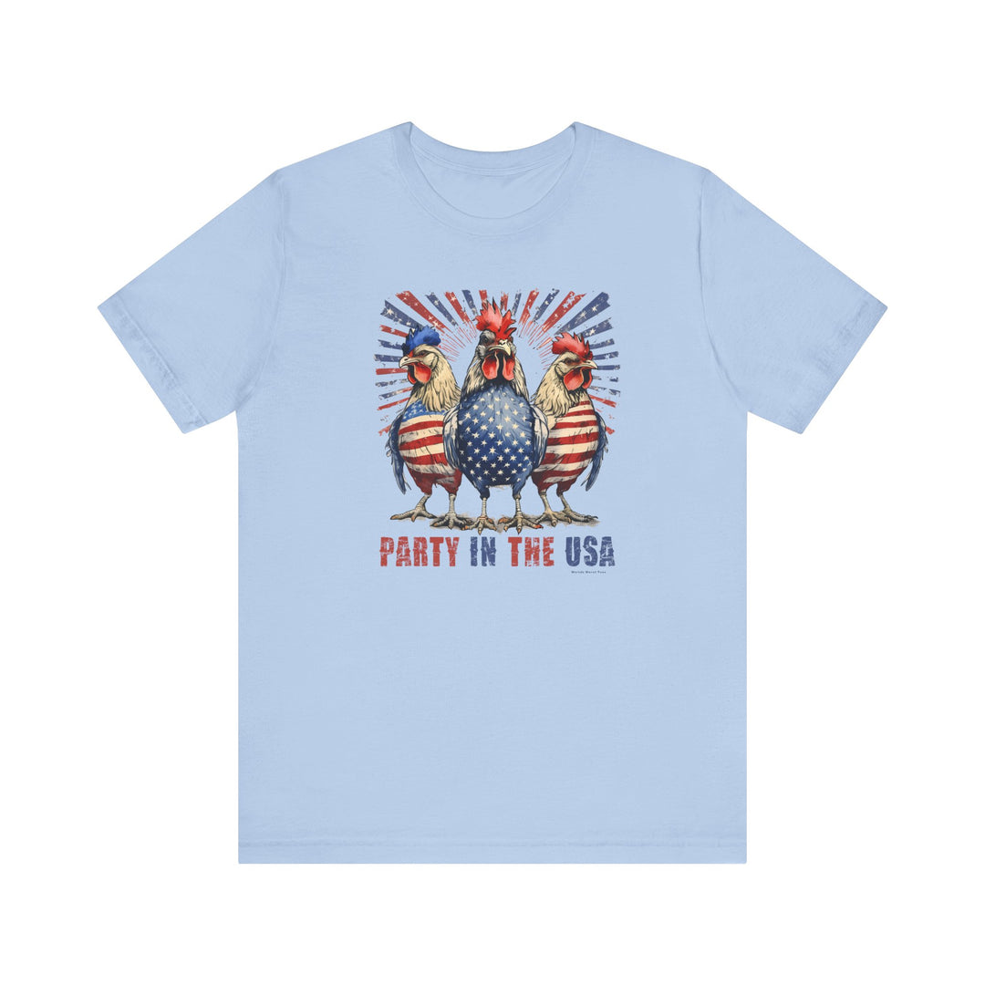 A Party In the USA Tee featuring a fun print of chickens and roosters. Unisex jersey short sleeve tee made of 100% Airlume combed cotton. Retail fit with ribbed knit collars and tear away label.