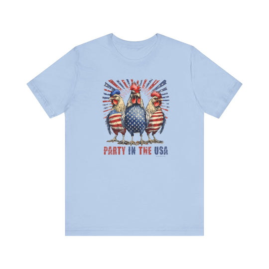 A Party In the USA Tee featuring a fun print of chickens and roosters. Unisex jersey short sleeve tee made of 100% Airlume combed cotton. Retail fit with ribbed knit collars and tear away label.