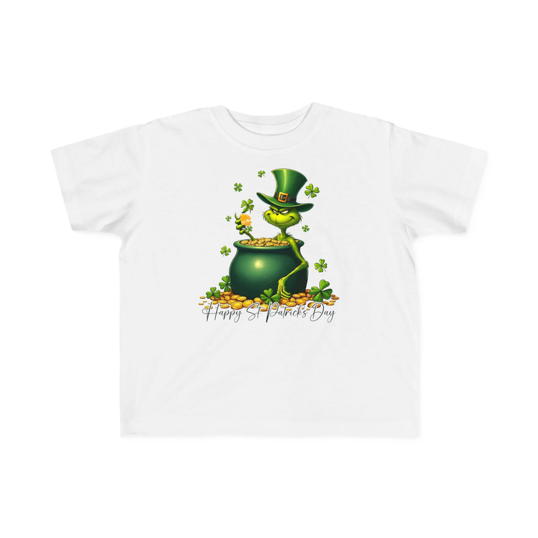 Grinchy St Patrick's Day Toddler's Tee featuring a cartoon frog in a pot of gold, perfect for sensitive skin with durable, high-quality print.