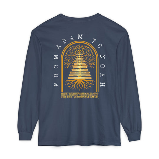 Noah to Adam Long Sleeve T-Shirt featuring a stylized gold and white family tree graphic on the back, highlighting generations from Adam to Yahweh.